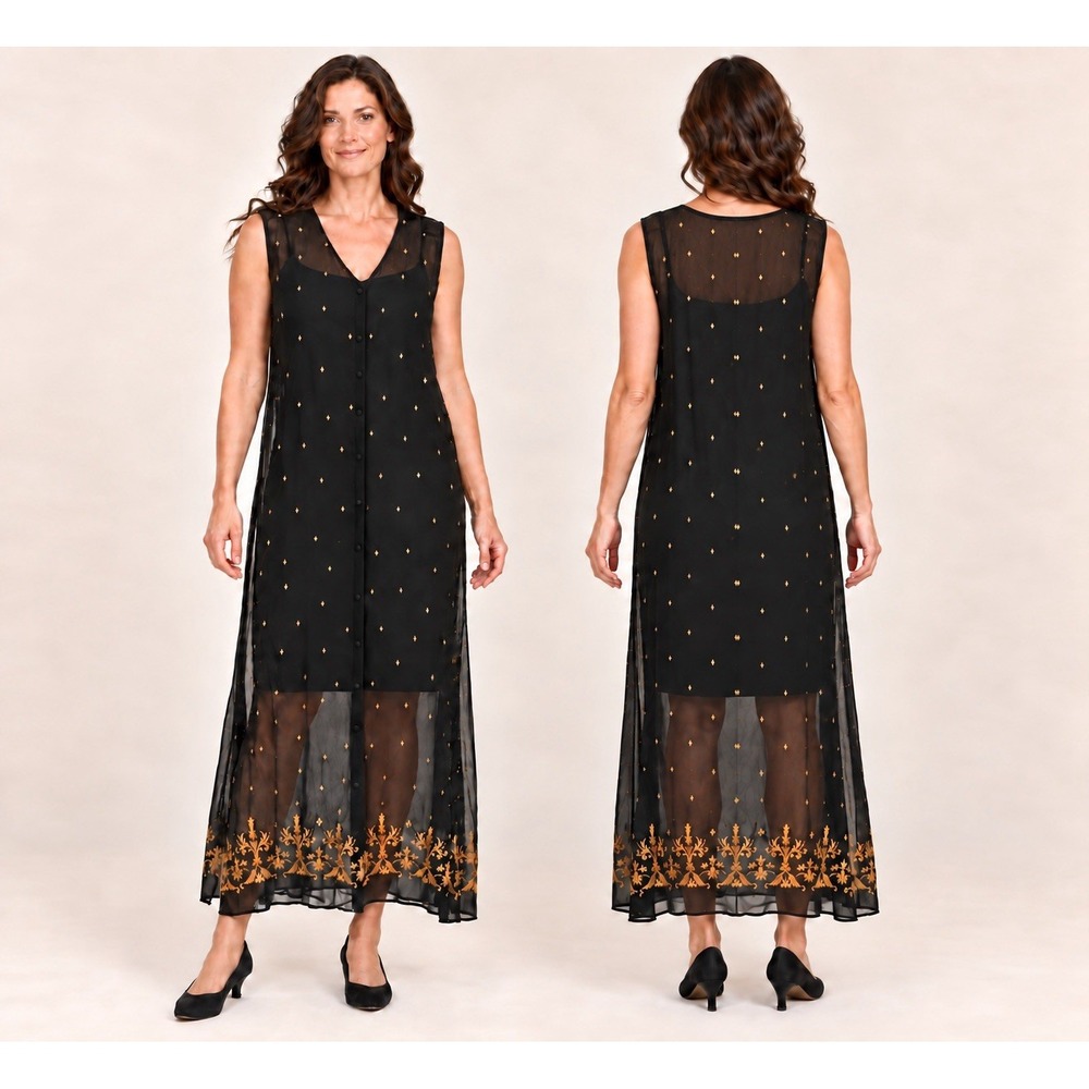 Vintage 90s Laundry by Shelli Segal Sheer Rayon Gold Embroidered Duster Dress L